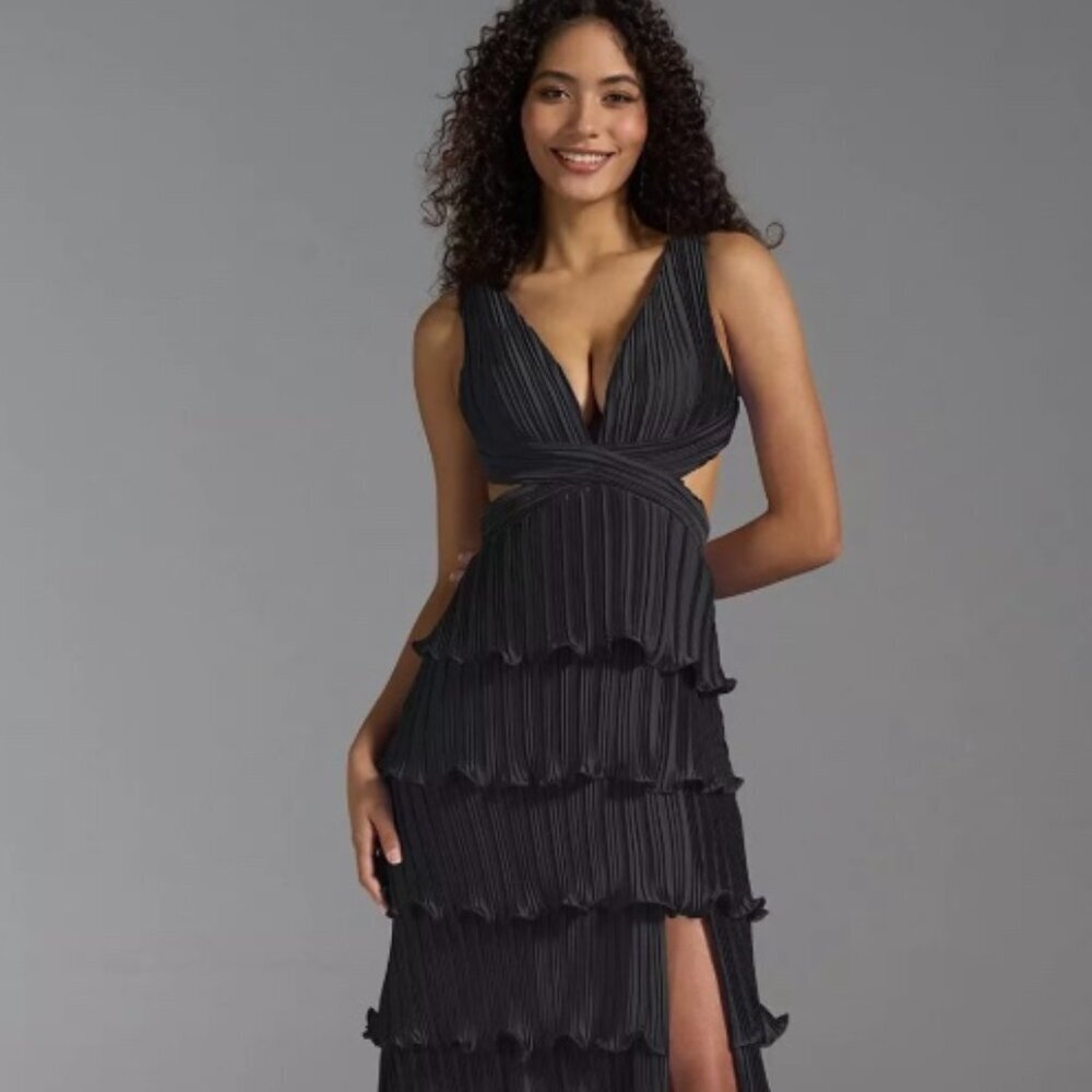 AW Black Tiered Pleated  Strappy Corset Back Cut Out Formal Gown Sz 0 NWOT#6